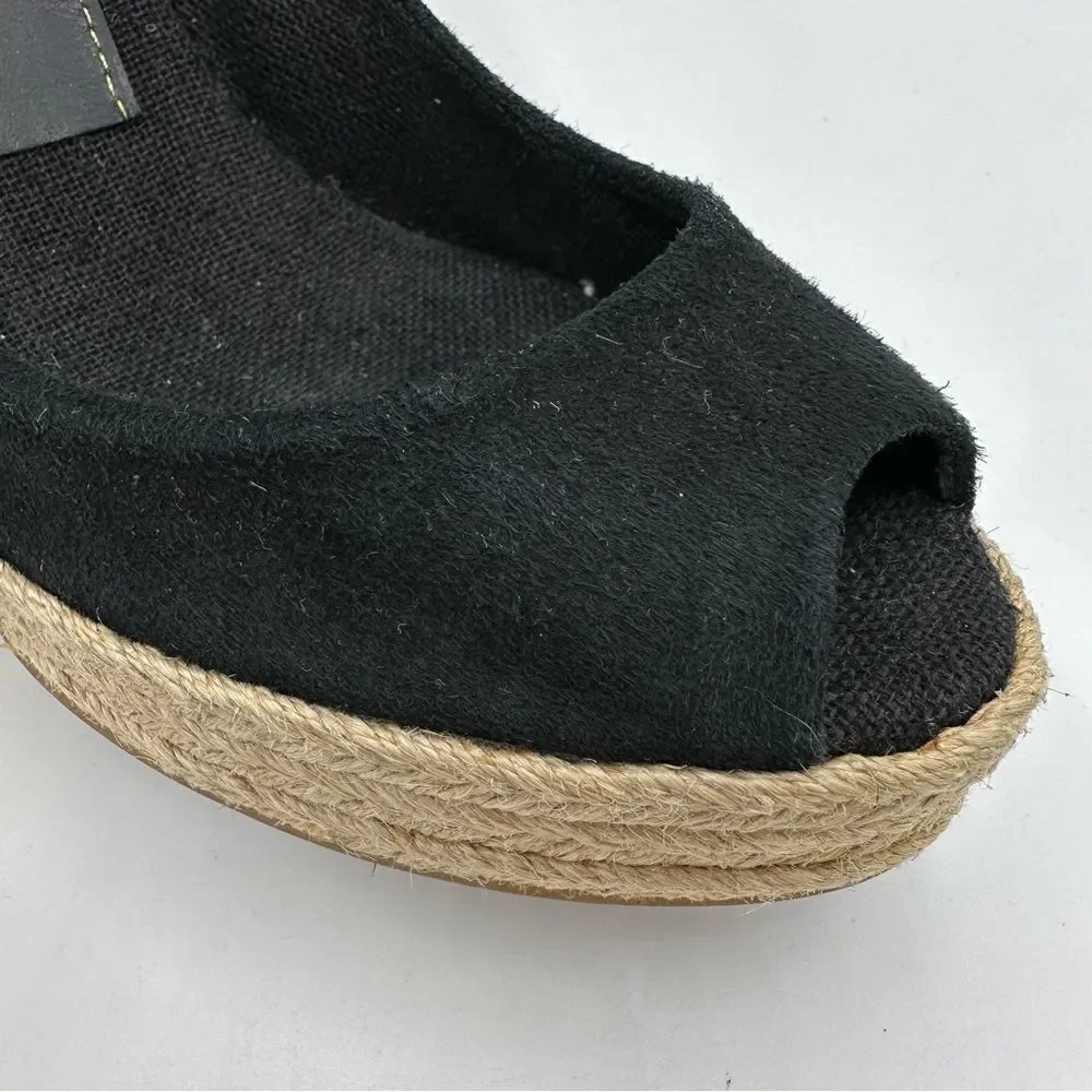 JEAN-MICHEL CAZABAT Black Suede Peep-Toe Espadrille Wedges Sz 37.5 ‎ US 7